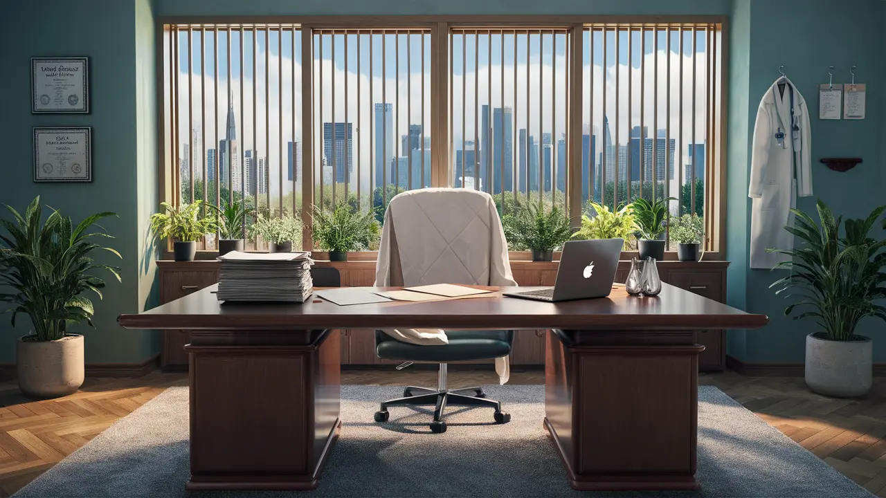 Consultório médico moderno com escrivaninha, laptop mostrando mapa local, janela para o horizonte urbano e plantas em vasos.