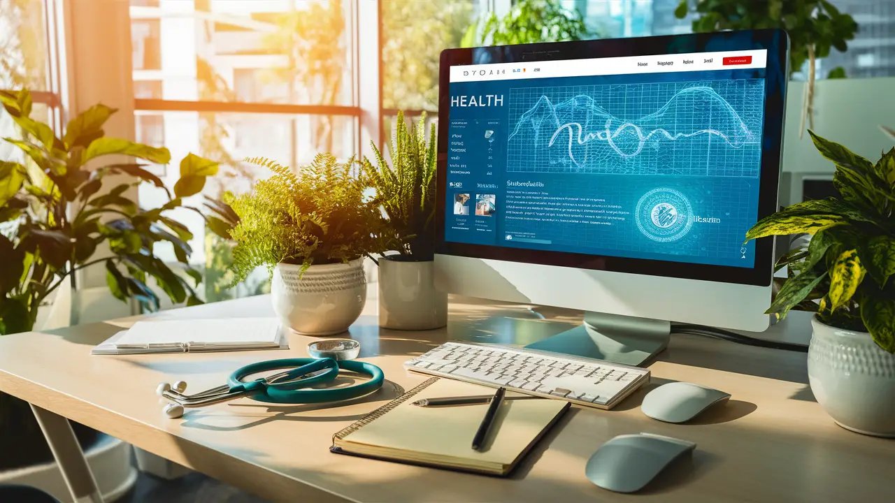 Escritório moderno iluminado com tela de computador exibindo site médico, estetoscópio e bloco de notas em mesa de madeira.