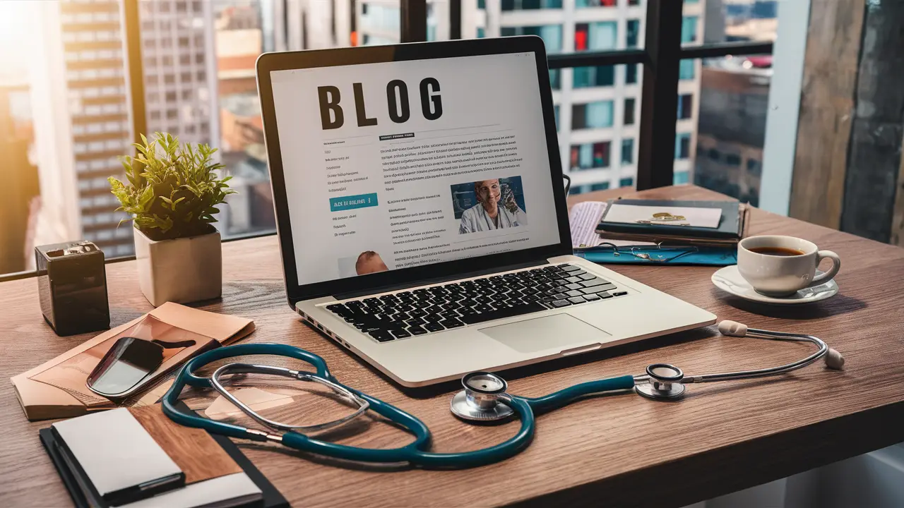 Escritório médico moderno com laptop mostrando blog, estetoscópio e café em mesa de madeira com vista para cidade.
