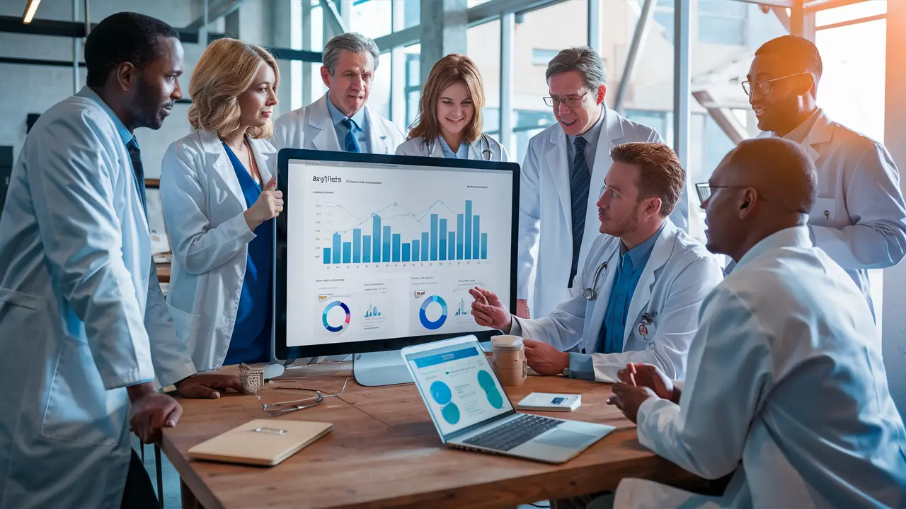 Médicos analisando gráficos de SEO em um escritório moderno com telas de computador.